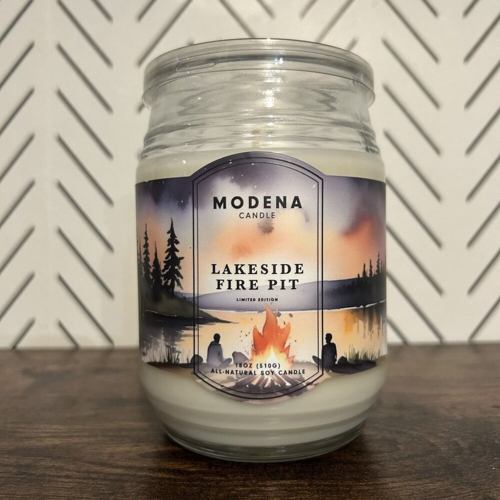 NEW Modena Candle Lakeside Fire Pit Limited Soy 18oz Woodsy Earthy Mancave